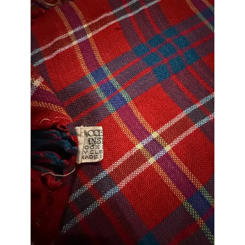 Accessory Institute ™ Red Plaid Scarf Rayon India 30 x 31 fringed Vintage